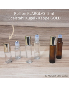 ROLL ON KLARGLAS, Kappe GOLD, Edelstahl-Kugel, 5ml